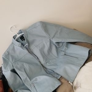 Baby blue faux leather jacket beautiful fashion statement